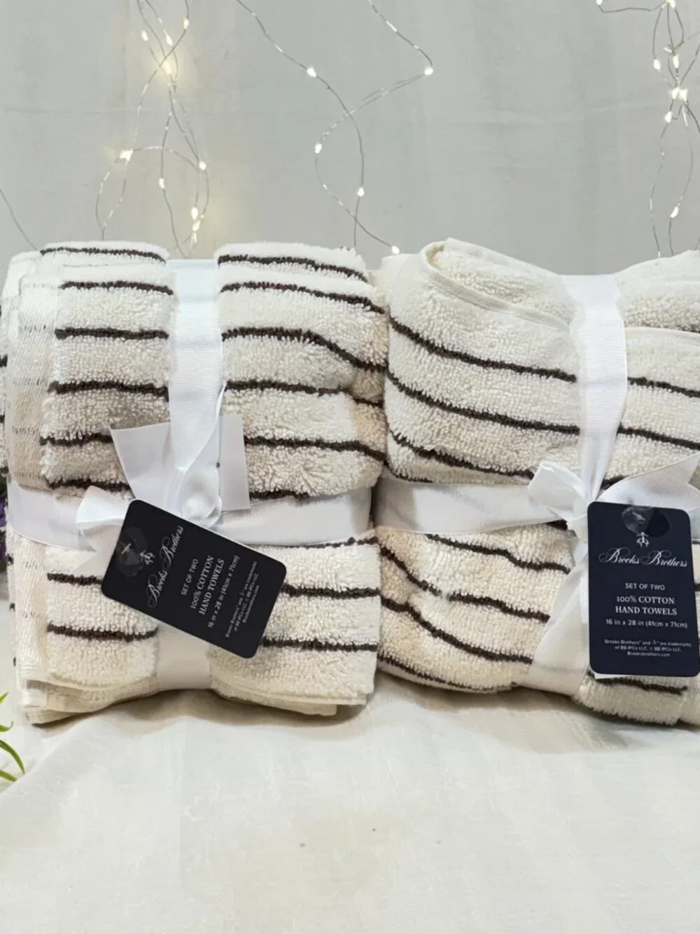 4pc BROOKS BROTHERS Premium Turkish Towel Set Striped Ivory & Dark Brown 700 Gsm